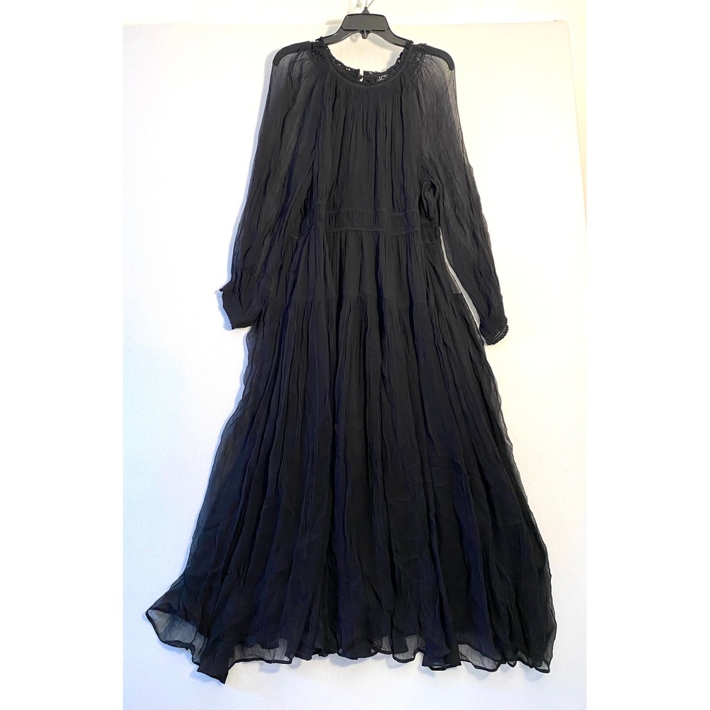 NWT J.Crew Black Cupro Crinkle Maxi Dress XXL Smocked Ruffle Tiered Long Sleeve